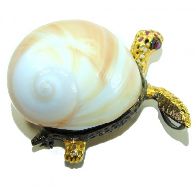 Good health and Long life Big Turtle Genuine Ocean Shell Ruby 14K Gold over .925 Sterling Silver handcrafted brooch