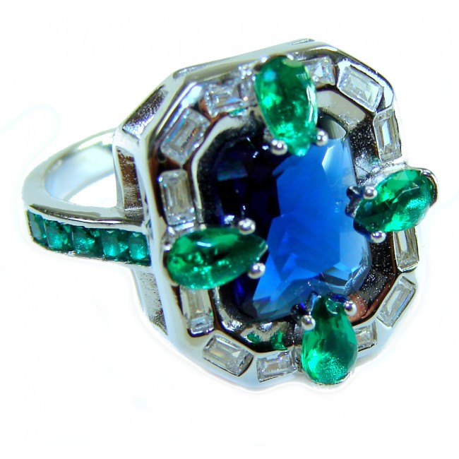 Art Deco 8.6 ctw Sapphire Emerald .925 Sterling Silver handcrafted Statement Ring size 8