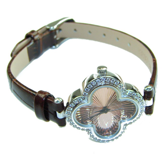 Precious Four Leaf Clover Genuine Leather strap .925 Sterling Silver handmade Watch