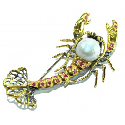 Precious Crayfish Natural Mother of Pearl Ruby 18K Gold over .925 Sterling Silver handmade Pendant Brooch