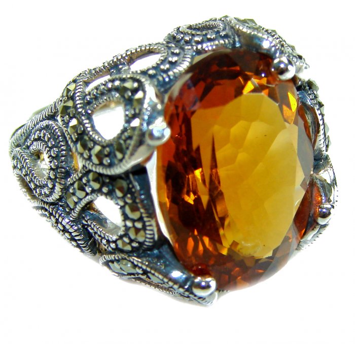 Celestial Energy Natural 22.4 carat GOLDEN Topaz Marcasite .925 Sterling Silver handmade Large Statement Ring size 8 - video