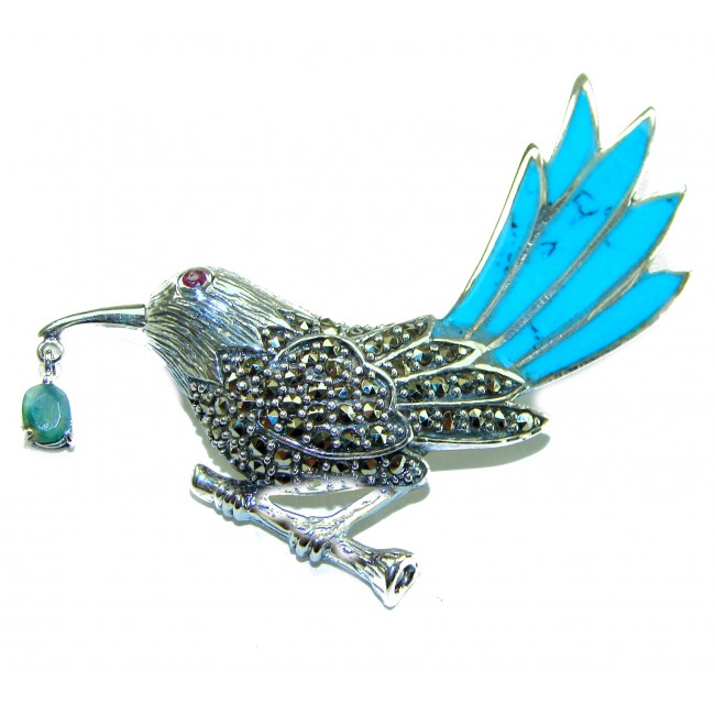 Blue Bird genuine INLAY Turquoise Marcasite .925 Sterling Silver handmade Brooch