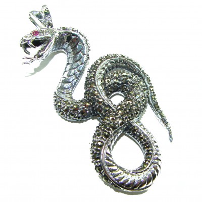 Large 2 5/8 inches long Cobra Snake genuine Marcasite .925 Sterling Silver handmade Pendant