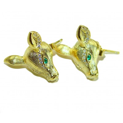 Deer'S Head 0.5 carat Emerald .925 Sterling Silver dipped in 18K Gold handmade Statement earrings