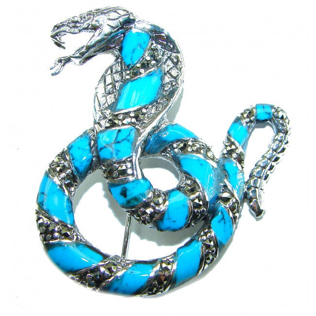 Cobra Snake inlay Turquoise .925 Sterling Silver handcrafted Brooch