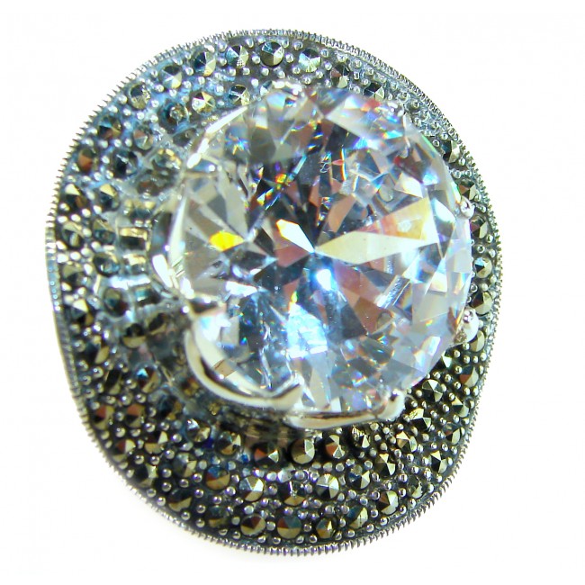 Pure Celestial energy Natural 28.4 carat White Topaz Marcasite .925 Sterling Silver handmade Large Statement Ring size 7