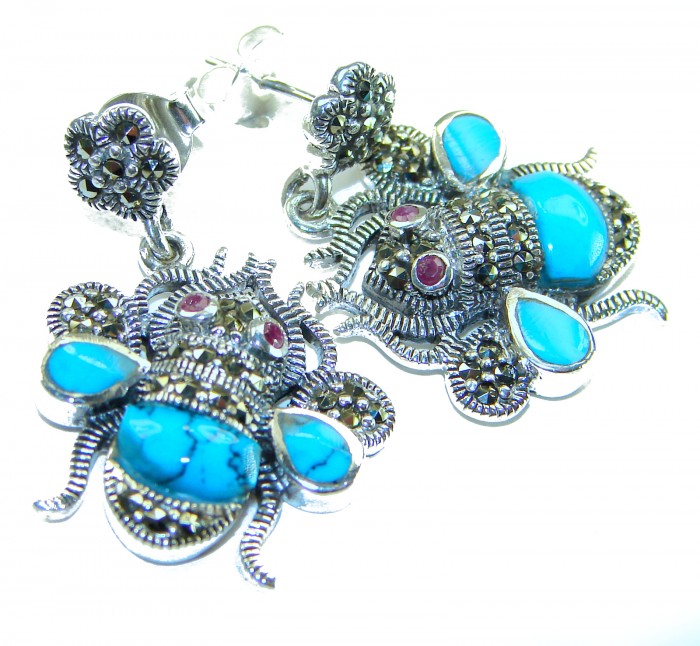 Blue Bees inlay Turquoise Ruby Marcasite .925 Sterling Silver Handcrafted earrings