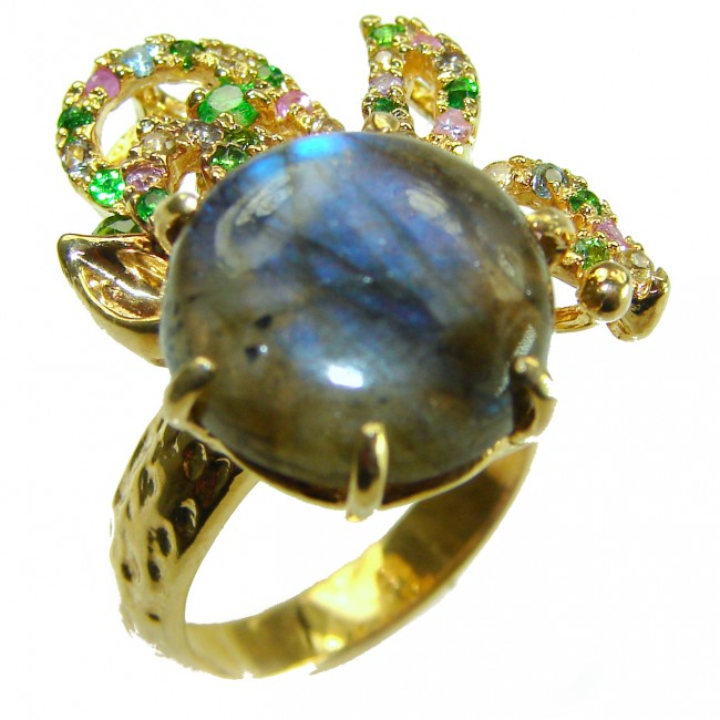 Shimmering Natural Labradorite 18K Gold over .925 Sterling Silver handcrafted Large ring size 8