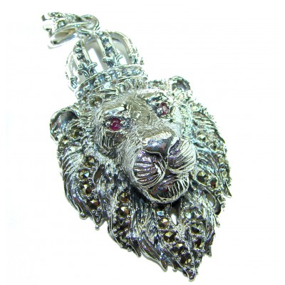 Sterling King Leo's head Marcasite Ruby .925 Silver Bali handmade Pendant