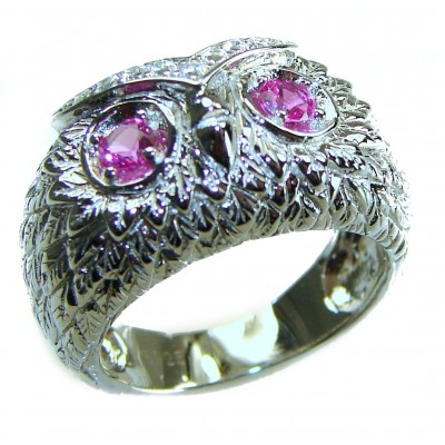 Owl 2.1 carat Pink Tourmaline Eyes .925 Sterling Silver dipped in real Gold handmade Ring size 7 1/4