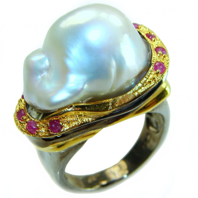 Huge Authentic rare Mother of Pearl Ruby 18K Gold over .925 Sterling Silver handcrafted ring; s. 7