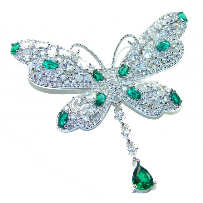 Vintage Design - Luxurious Butterfly - Genuine 22.2 carat Emerald 14k White Gold over .925 Sterling Silver handmade Pendant Brooch