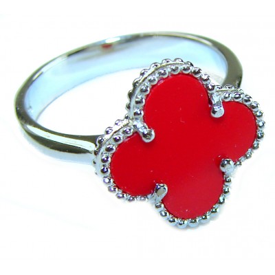 A four-leaf clover Coral .925 Sterling Silver handcrafted ring s. 8