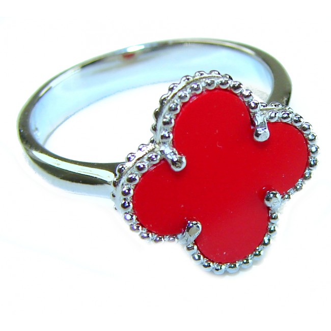 A four-leaf clover Coral .925 Sterling Silver handcrafted ring s. 8