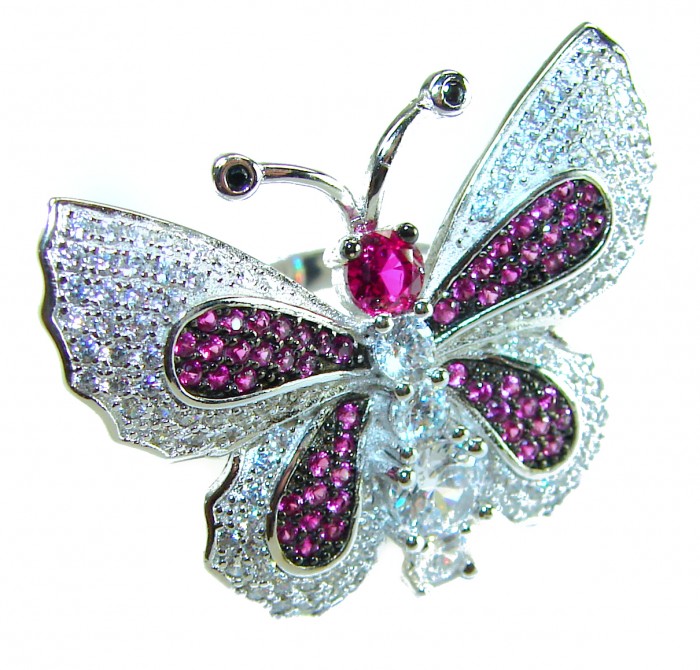 Precious Butterfly Genuine 10.5 carat Ruby .925 Sterling Silver handmade LARGE Statement Ring size 7 1/2