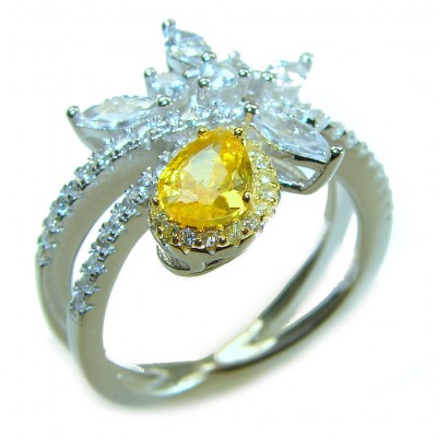 Splendid pear cut 3.2 carat yellow Sapphire .925 Sterling Silver brilliantly handcrafted ring s. 8