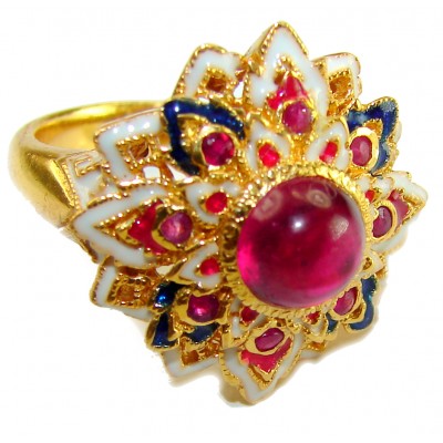 Divine Creation 5.5 carat Mozambique Star Ruby Enamel 18K Gold over .925 Sterling Silver handcrafted Ring s. 7