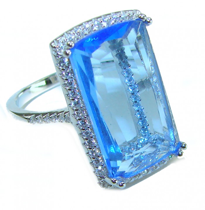 Blue Odyssey 12.5 carat authentic Swiss Blue Topaz .925 Sterling Silver handmade Statement Ring size 6