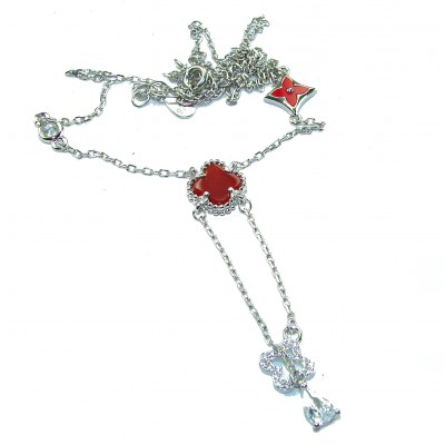 Outstanding 20 inches long Carnelian Lucky Four Leaf Clover .925 Sterling Silver necklace