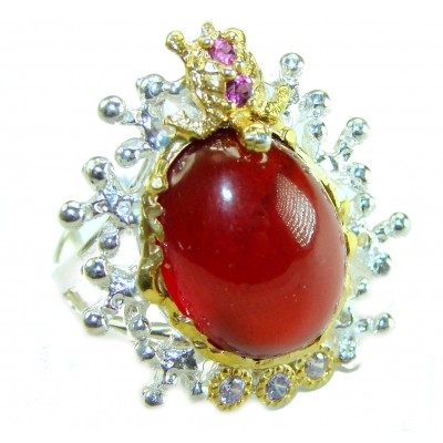 Crimson Fire 22.5 carat Red Garnet 2 tones .925 Sterling Silver handcrafted ring; s. 8