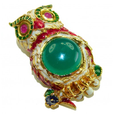 Wisdom and Unseen World - Owl- Genuine 10.5 carat Jade enamel .925 Sterling Silver dipped in 18k Gold handmade Pendant - Brooch