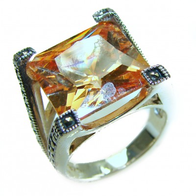 Pure Celestial energy Natural 14.4 carat Golden Topaz Marcasite .925 Sterling Silver handmade Large Statement Ring size 8