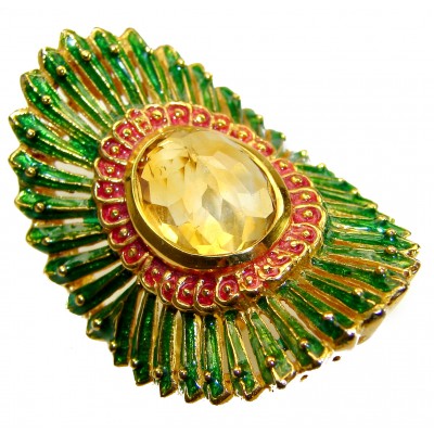 Paradise 10.5 carat Citrine green Enamel .925 Sterling Silver dipped in 18K Gold Handcrafted Huge Ring size 8 1/4