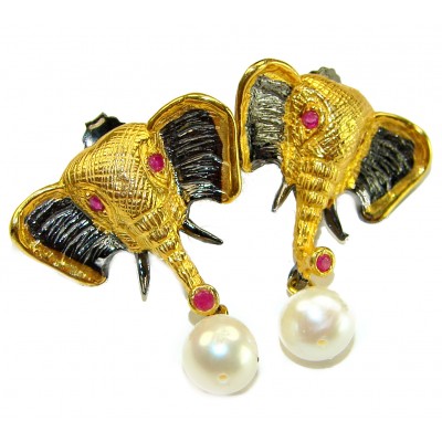 Elephant Authentic Ruby Pearl 2 tones .925 Sterling Silver handcrafted earrings