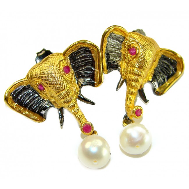 Elephant Authentic Ruby Pearl 2 tones .925 Sterling Silver handcrafted earrings