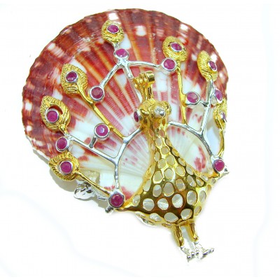 Greaceful Peacock Genuine Ocean Shell Ruby 14K Gold over .925 Sterling Silver handcrafted Pendant brooch