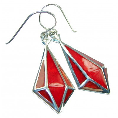 Large Genuine Red Fossilized Coral .925 Sterling Silver handmade earrings