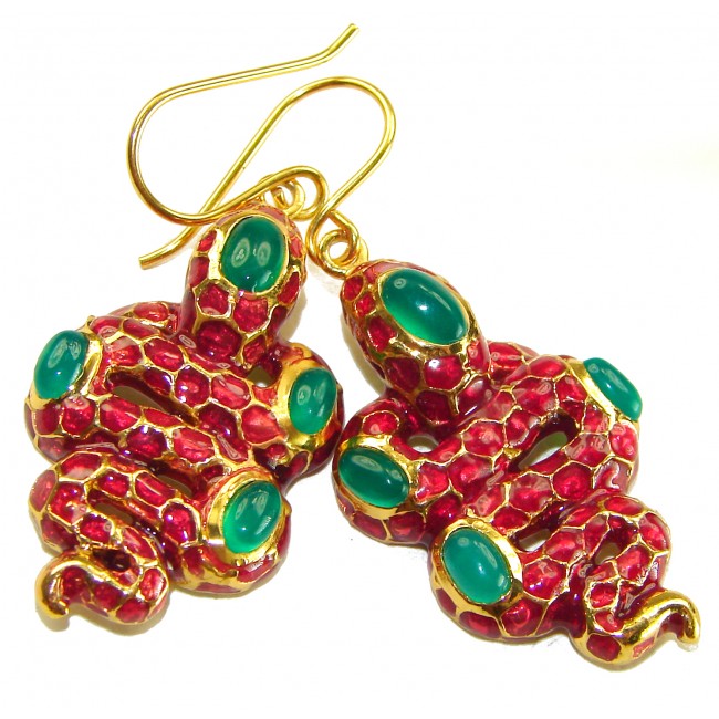 Red Cobra Snakes Genuine Enamel Ruby 24K Gold over .925 Sterling Silver handcrafted Earrings