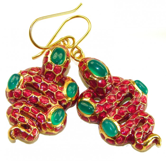Red Cobra Snakes Genuine Enamel Ruby 24K Gold over .925 Sterling Silver handcrafted Earrings