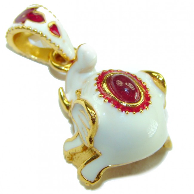 White Elephant Enamel Ruby 18K Gold over .925 Sterling Silver handmade Pendant