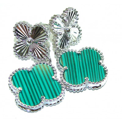 Outstanding inlay authentic Malachite Lucky Four Leaf Clover .925 Sterling Silver Earrings
