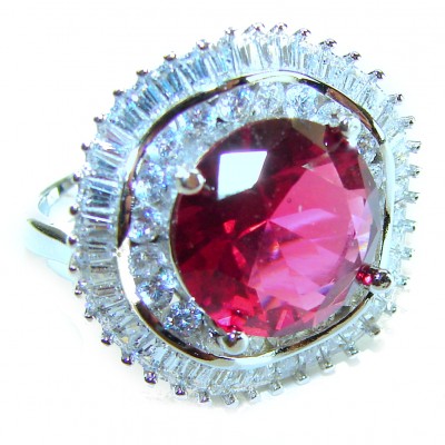 Passion 15.5 carat round cut Red Garnet .925 Sterling Silver handcrafted ring; s. 7