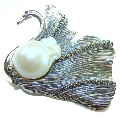 Perfect Swan Mother of Pearl Ruby .925 Sterling Silver handmade Pendant Brooch