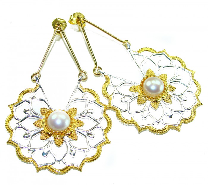 Long- Genuine Pearl 14K Gold over .925 Sterling Silver handcrafted Statement Earrings