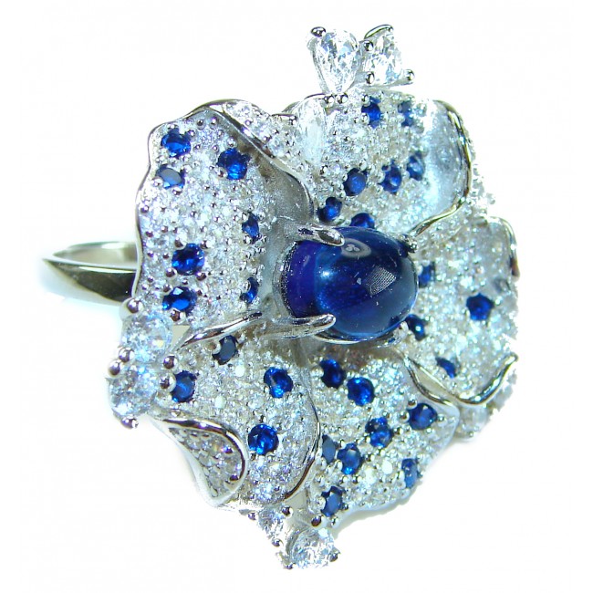 Exotic Flower - Authentic 7.5 carat Sapphire .925 Sterling Silver handcrafted Ring size 7 1/2