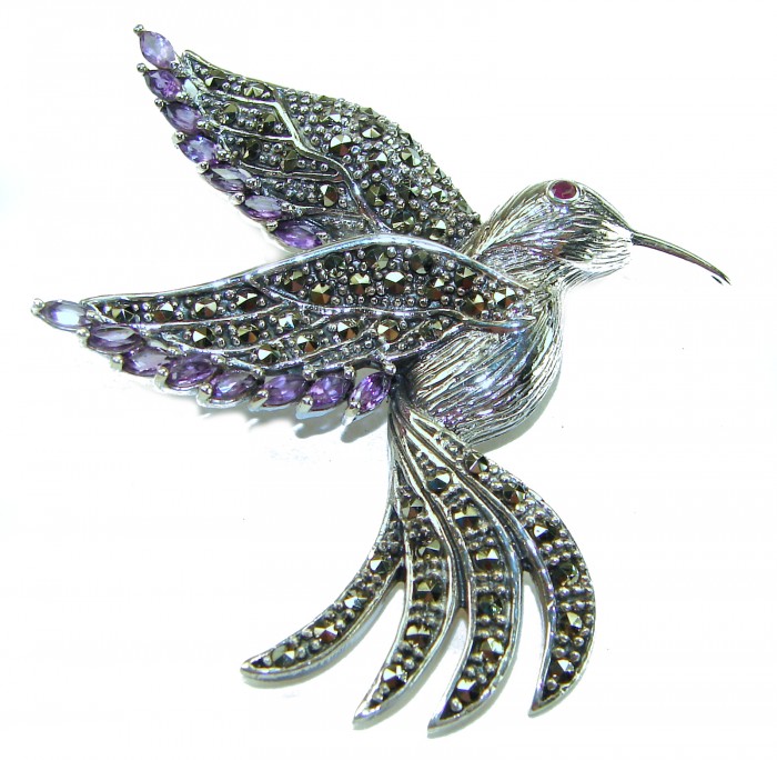 Incredible Flaying Bird Natural Amethyst Marcasite .925 Sterling Silver Brooch