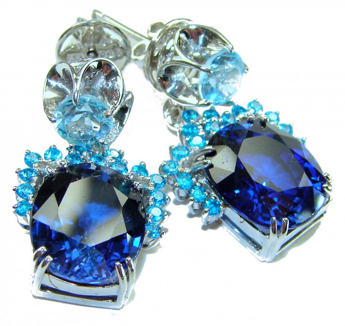 Deep Ocean 24.5 carat London Blue Topaz Aquamarine .925 Sterling Silver handmade earrings