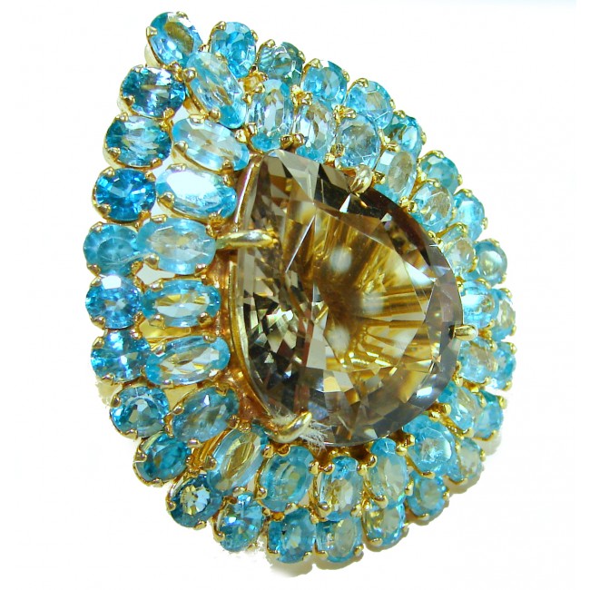 Celestial Power 49.5 carat Champagne Smoky Topaz 14K Gold over .925 Sterling Silver HUGE Ring size 7 1/4