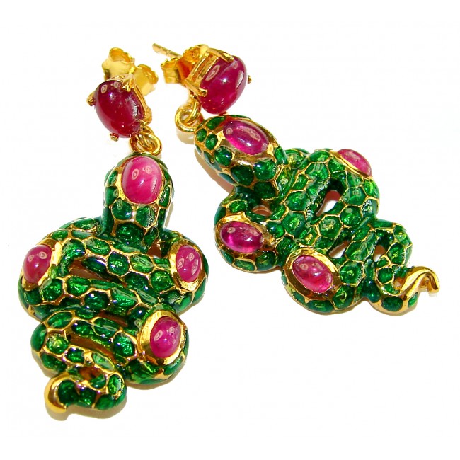 Green Snakes Genuine Enamel Ruby 18K Gold over .925 Sterling Silver handcrafted Earrings