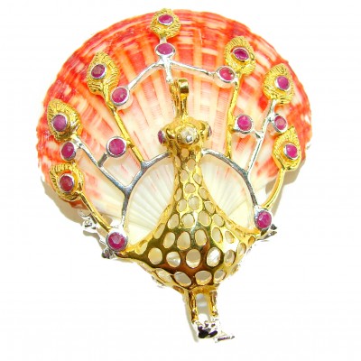 Greaceful Peacock Genuine Ocean Shell Ruby 14K Gold over .925 Sterling Silver handcrafted Pendant brooch
