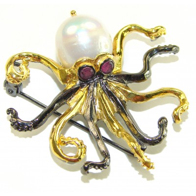 Octopus real Pearl 18K Gold over .925 Sterling Silver handmade Pendant