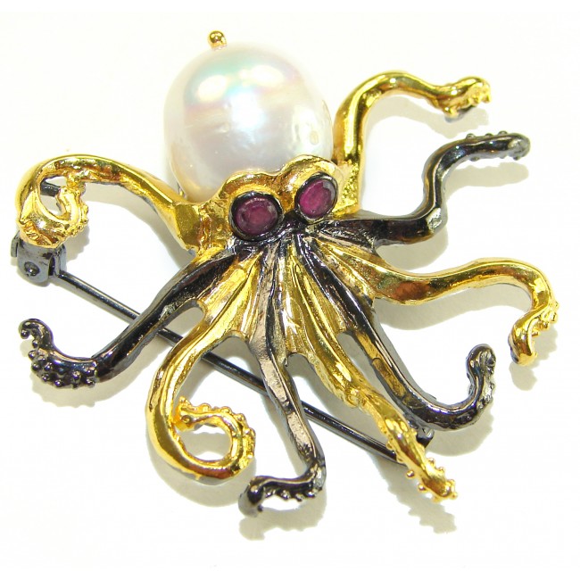 Octopus real Pearl 18K Gold over .925 Sterling Silver handmade Pendant