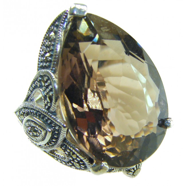 Rare Finding! Natural 28.4 carat Smoky Quartz Marcasite .925 Sterling Silver handmade Large Statement Ring size 8