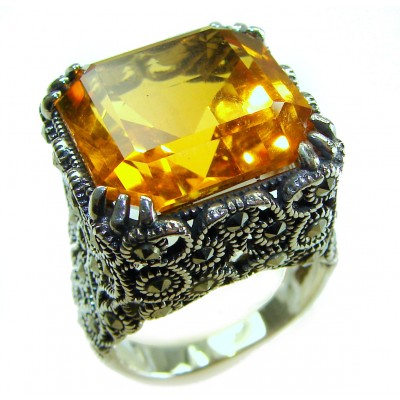 Pure Celestial energy Natural 28.4 carat Golden Topaz Marcasite .925 Sterling Silver handmade Large Statement Ring size 8 1/4
