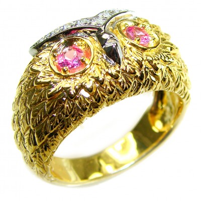 Owl Garnet Eyes .925 Sterling Silver dipped in real Gold handmade Ring size 9