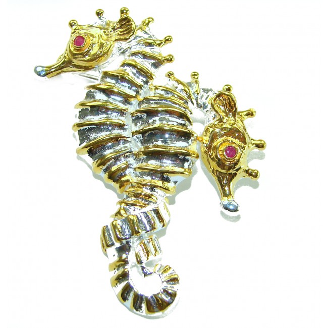 Two Seahorses Excellent 0.5 carat Ruby 14K Gold over .925 Sterling Silver handcrafted Pendant Brooch